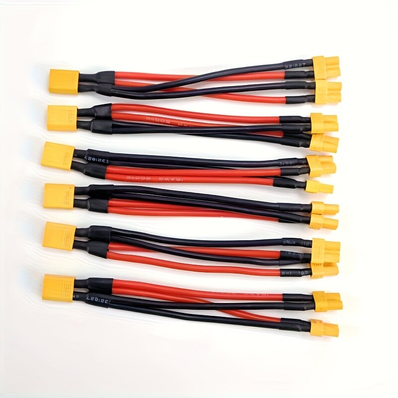 Кабель-переходник XT30 1M2F (1 папа – 2 мама), 16 AWG, красный и черный провода с желтыми наконечниками, 6 шт.