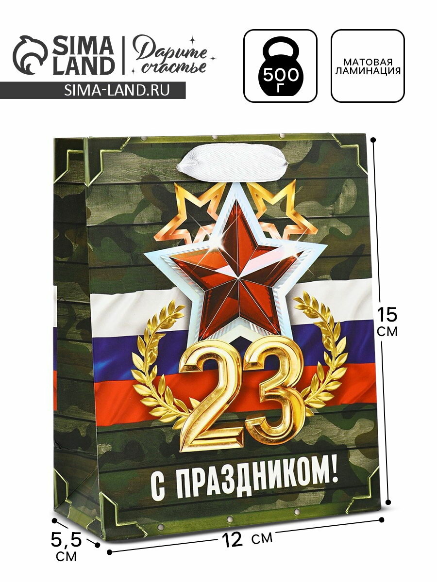 Пакет подарочный ламинированный "23 февраля", S 12x15x5.5 см, 3 шт.
