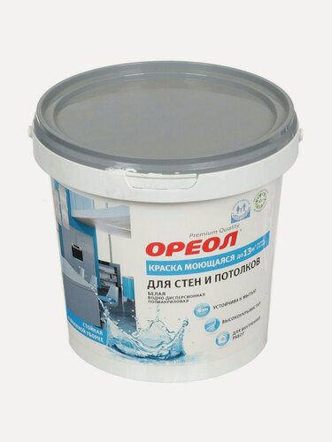 Изображение товара Краска водно-дисперсионная Ореол полиакриловая белая матовая моющаяся влагостойкая для стен и потолков 1.5 кг