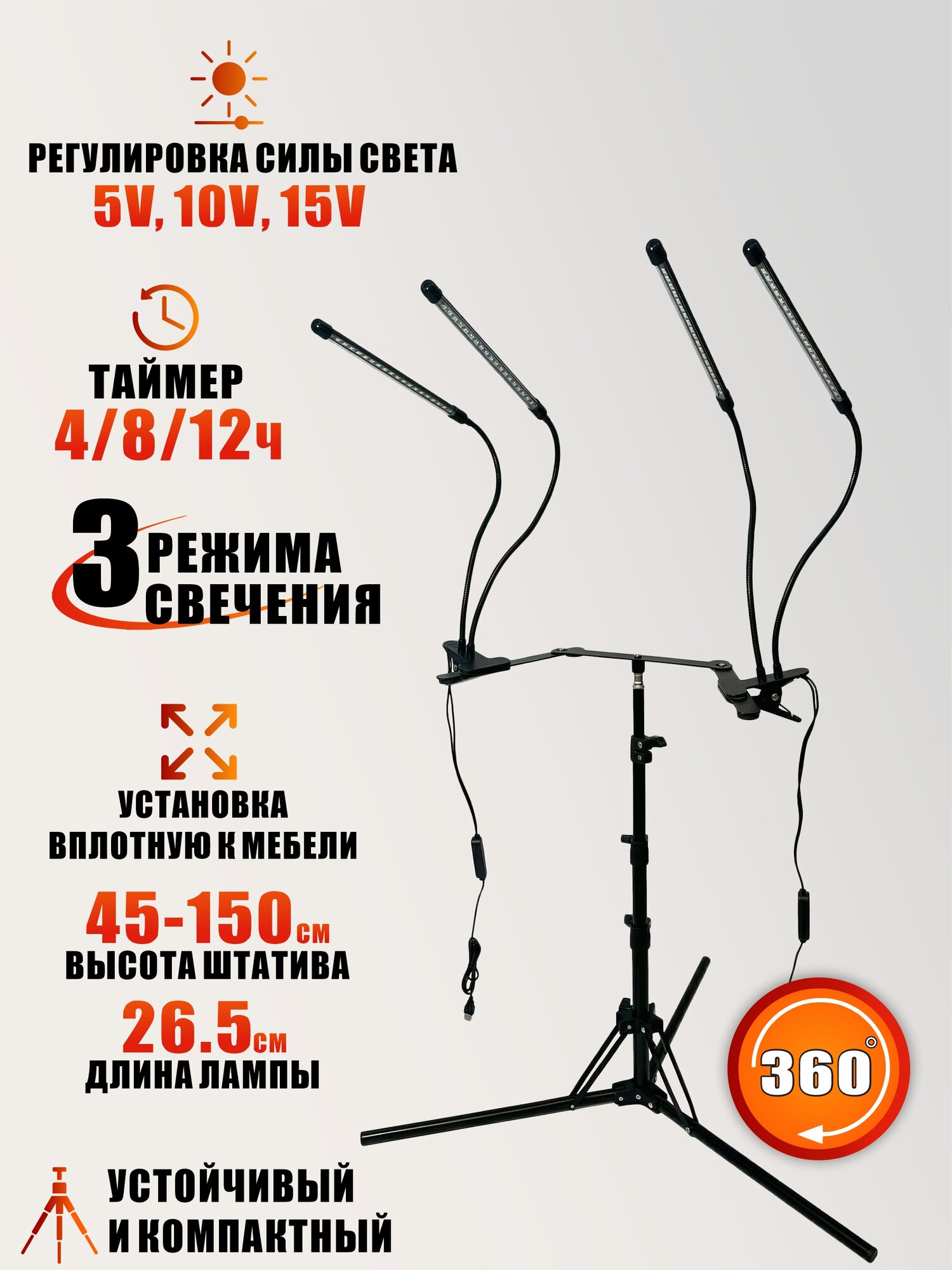 Фитолампы на 2 панели для растений на напольной подставке