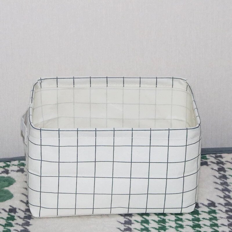Средняя маленькая белая клетчатая корзина из хлопка - 28x20x14см