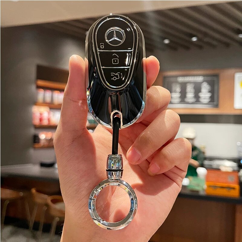 Чехол для ключей Mercedes-Benz для моделей E-класса, C-класса, S-класса, A-класса, GLC — классический черный с круглой