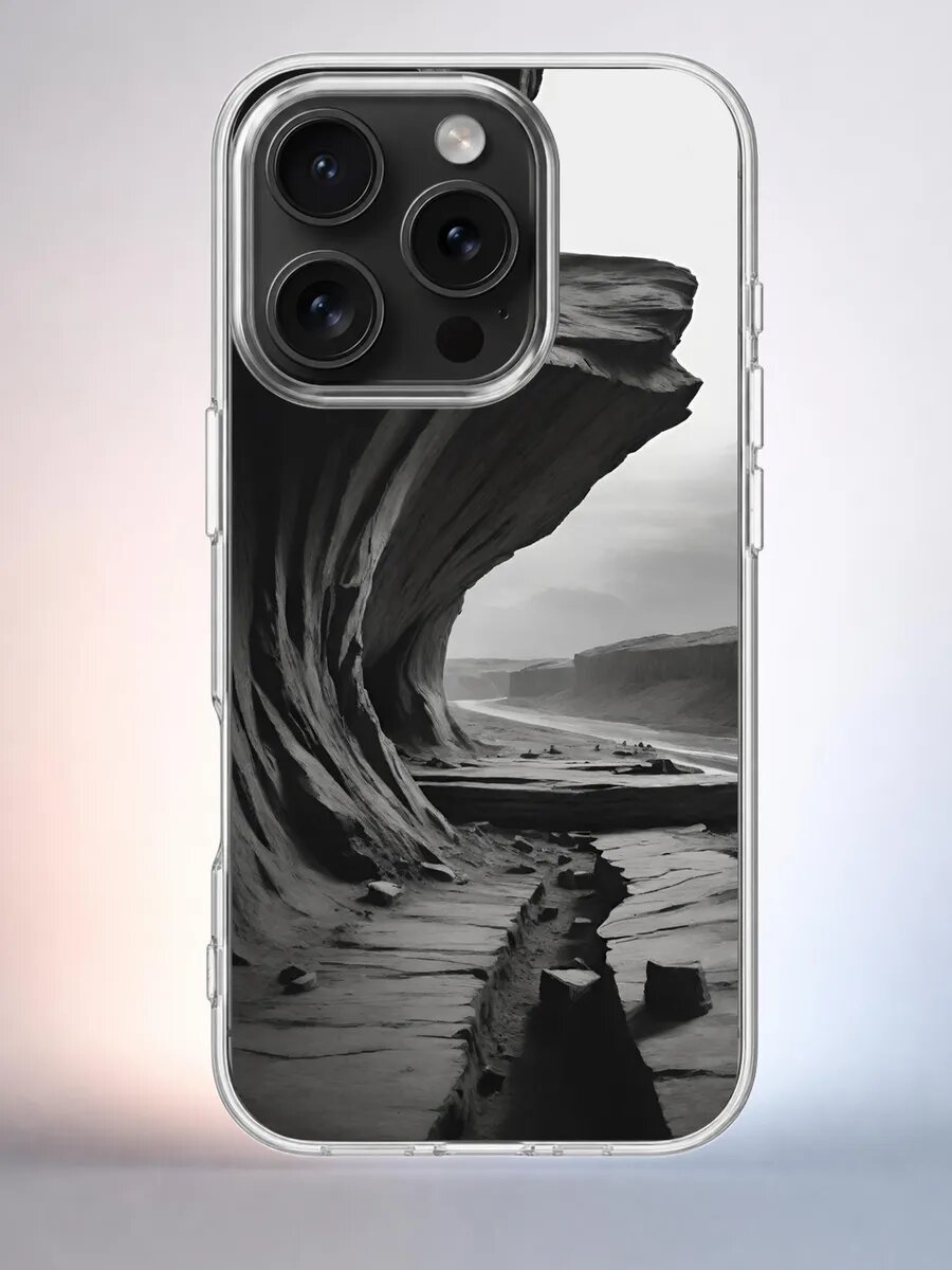 Чехол iPhone 15 Pro скалы берег силиконовый прозрачный