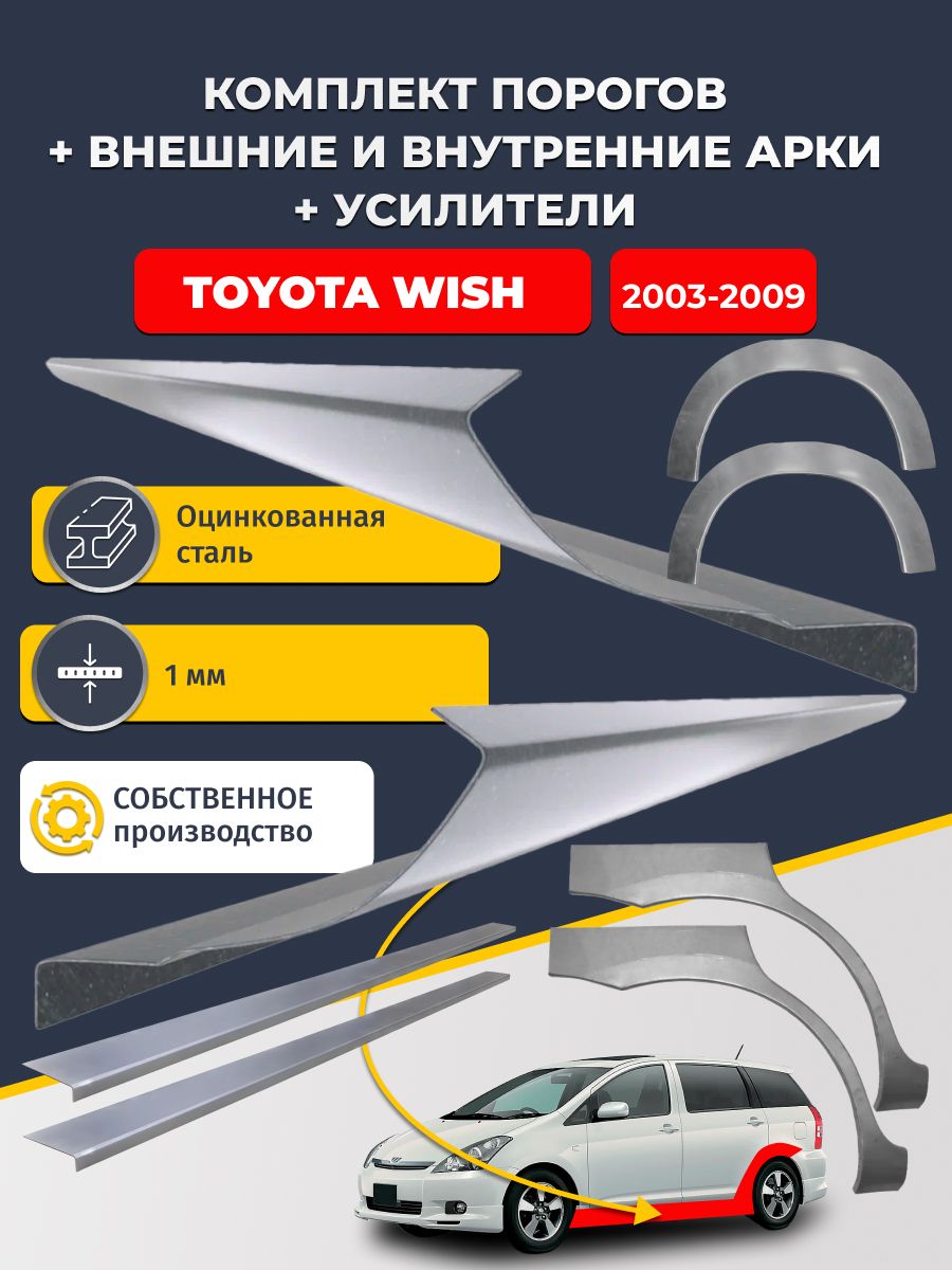 Комплект ремонтных задних внешних и внутренних арок (0,8 мм) + комплект порогов + усилители, на Toyota Wish 2003-2009 минивэн (Тойота Виш 1) Оцинкованная сталь 1 мм