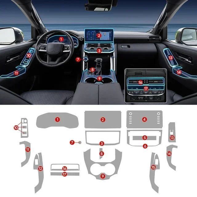 Для Toyota Land Cruiser 2022, 2023, 2024. Внутренняя TPU-защитная пленка, антицарапинная наклейка: навигационный экран, панель коробки передач, для левого руля