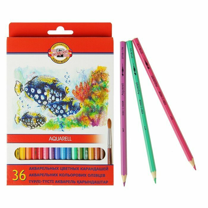Карандаши акварельные KOH-I-NOOR Fish, 36 цветов, картонная коробка, европодвес (3719036004)