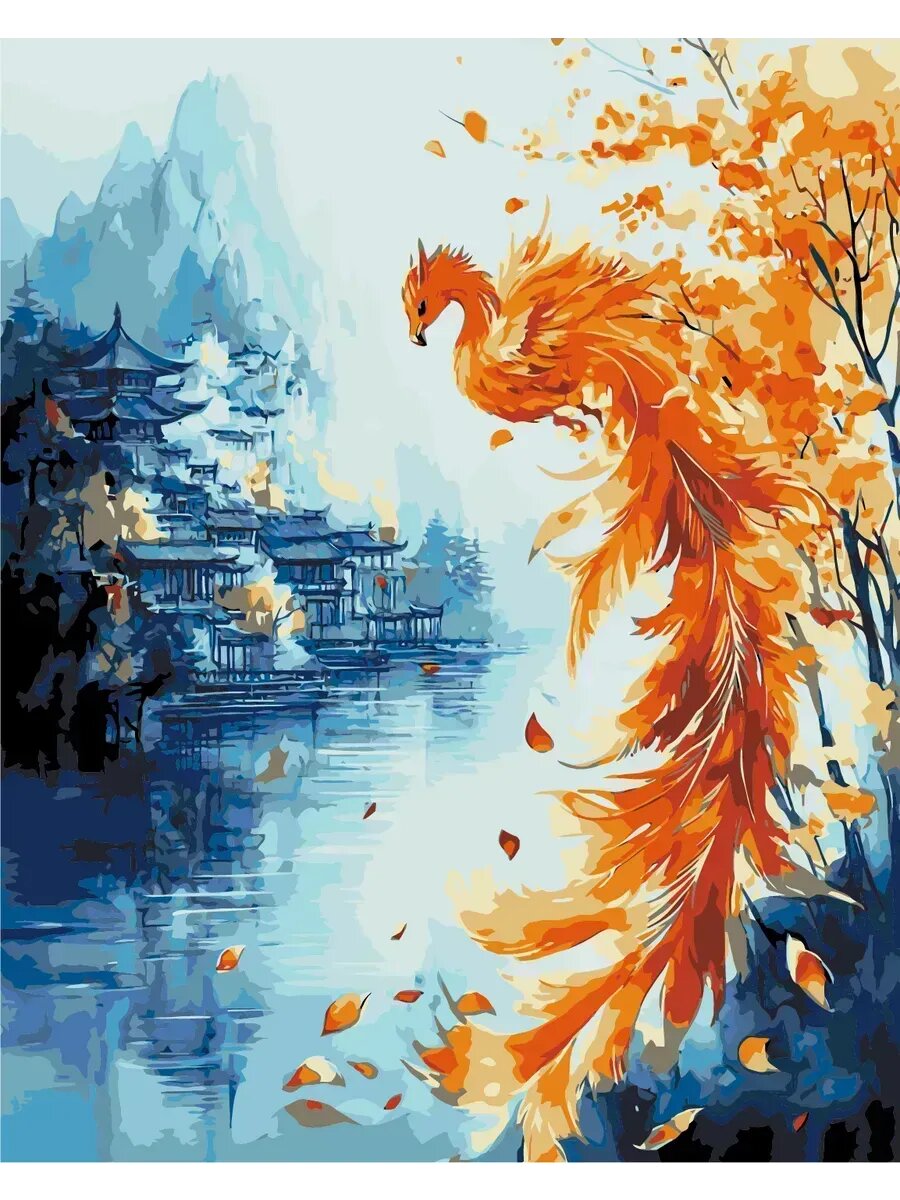 Картина по номерам 30x40 Китайский феникс и восточный пейзаж