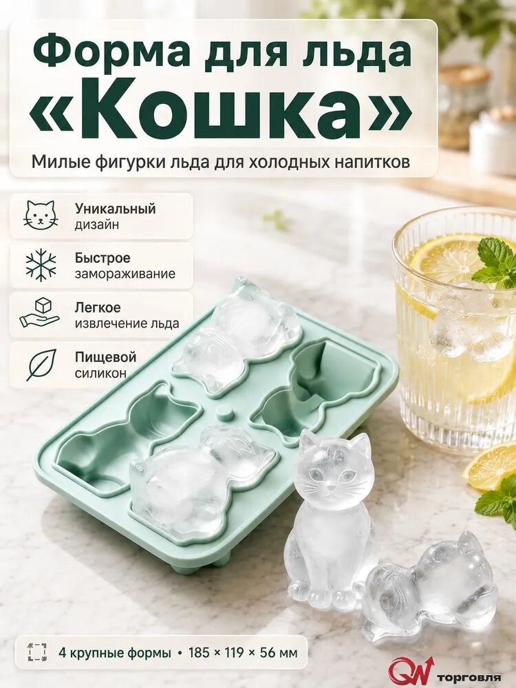 QIWU Форма для льда "кошка", 4 яч, 1 шт