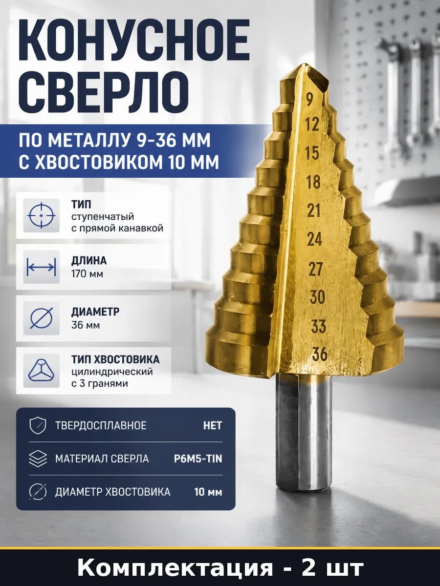Сверло ступенчатое по металлу 9-36 мм 2 шт с прямой канавкой