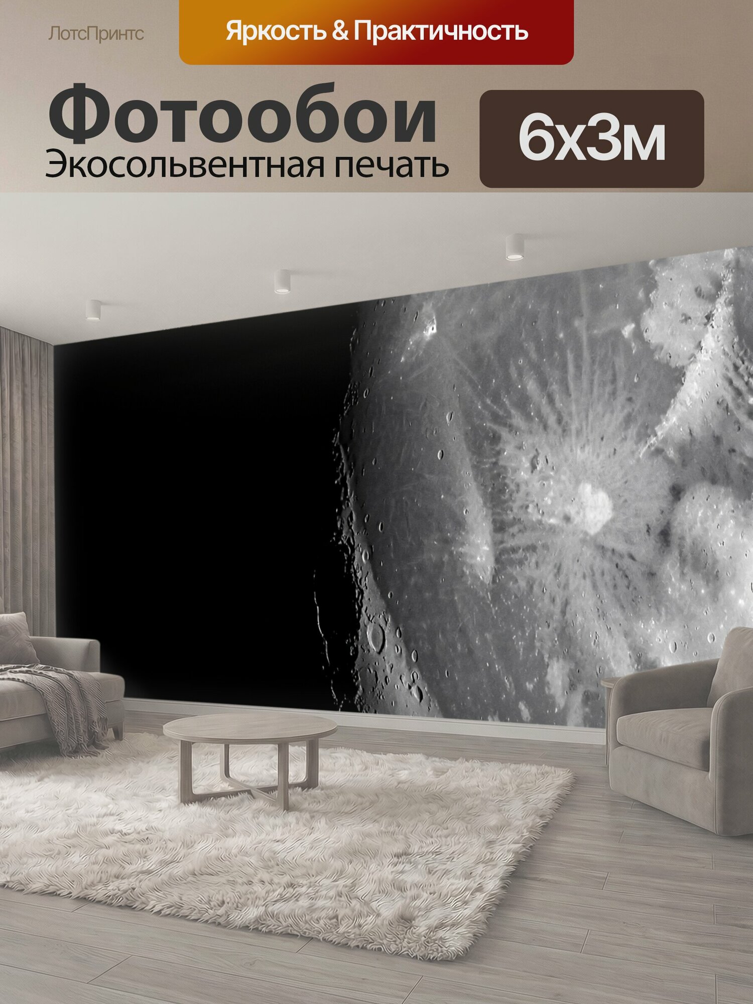 Фотообои "Лунный диск на черном небе. Детализированное космическое изображение спутника Земли с кратерами и светлыми лунными морями." 600x300 см. экосольвентная печать