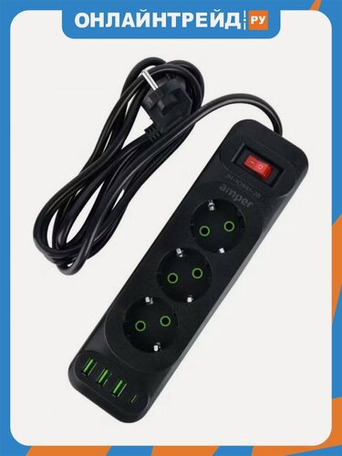 Изображение товара Сетевой удлинитель с USB Amper JH-1081U-2B 3 розетки, 3usb, 1Type-C, 2500 Вт, 10А, 2,0м, черный.