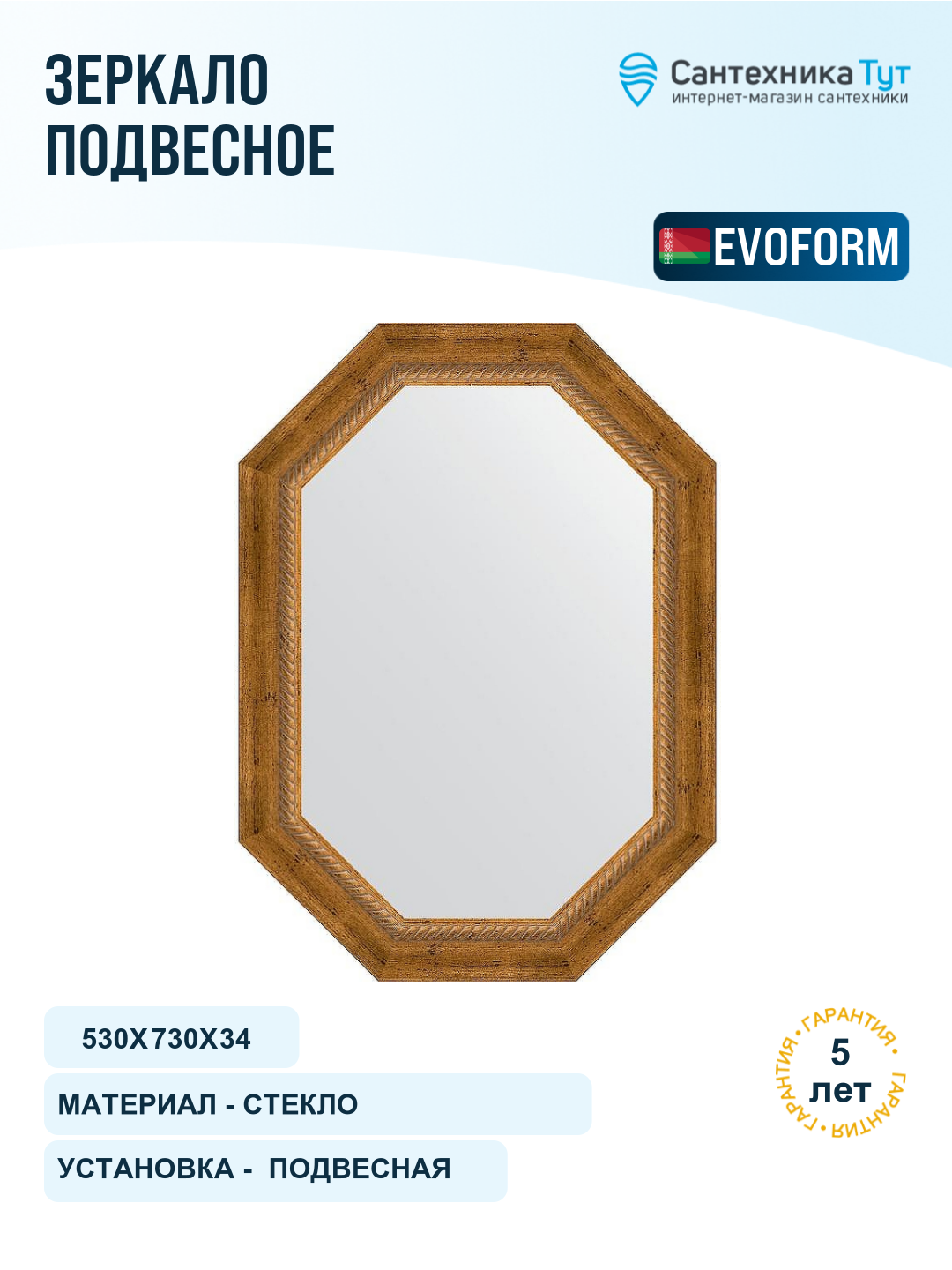 Зеркало Evoform Octagon 53x73 BY 7113 в багетной раме - Состаренная бронза с плетением 70 мм