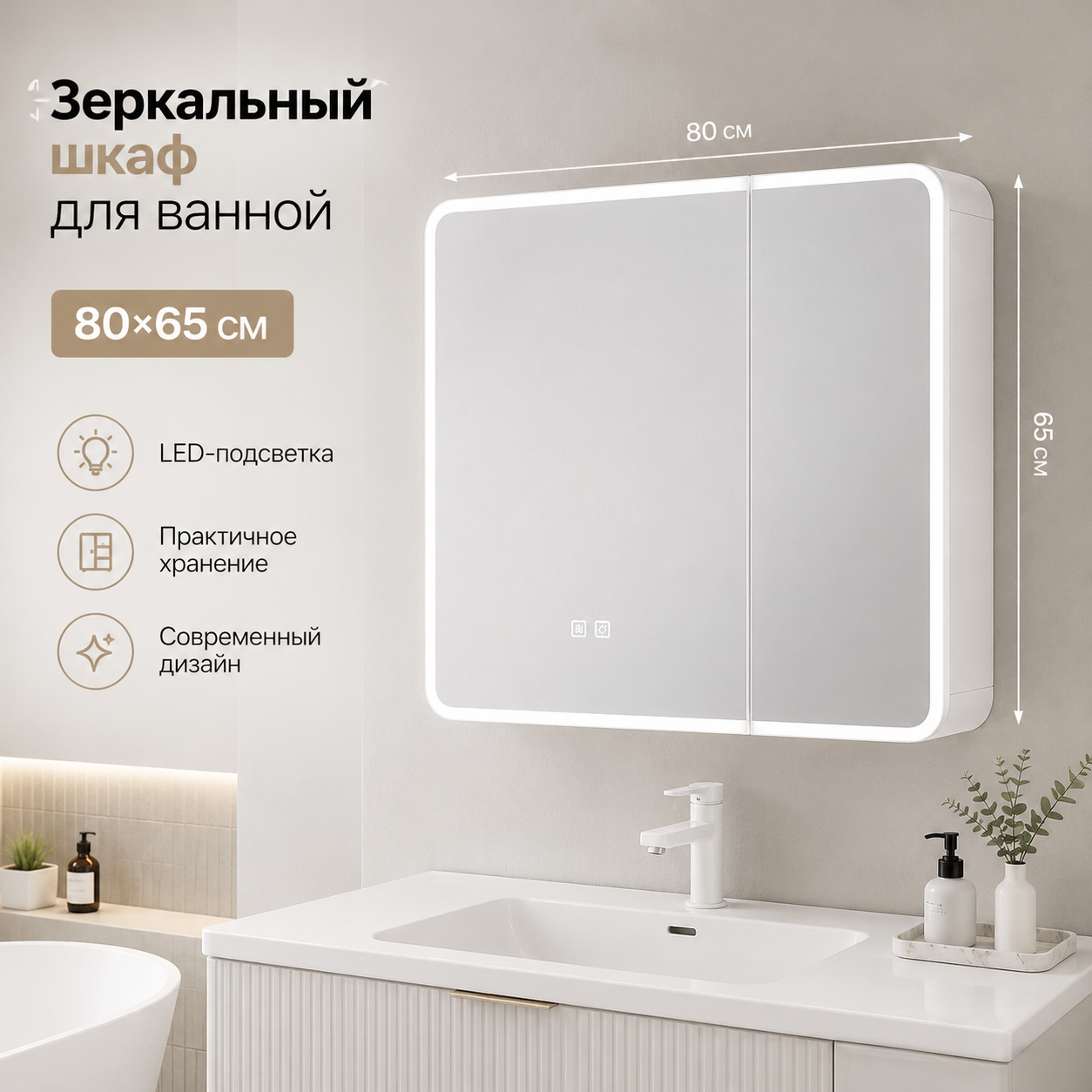 Умный зеркальный шкаф с подсветкой и функцией антизапотевания, подходит для ванной комнаты,65,80, серый