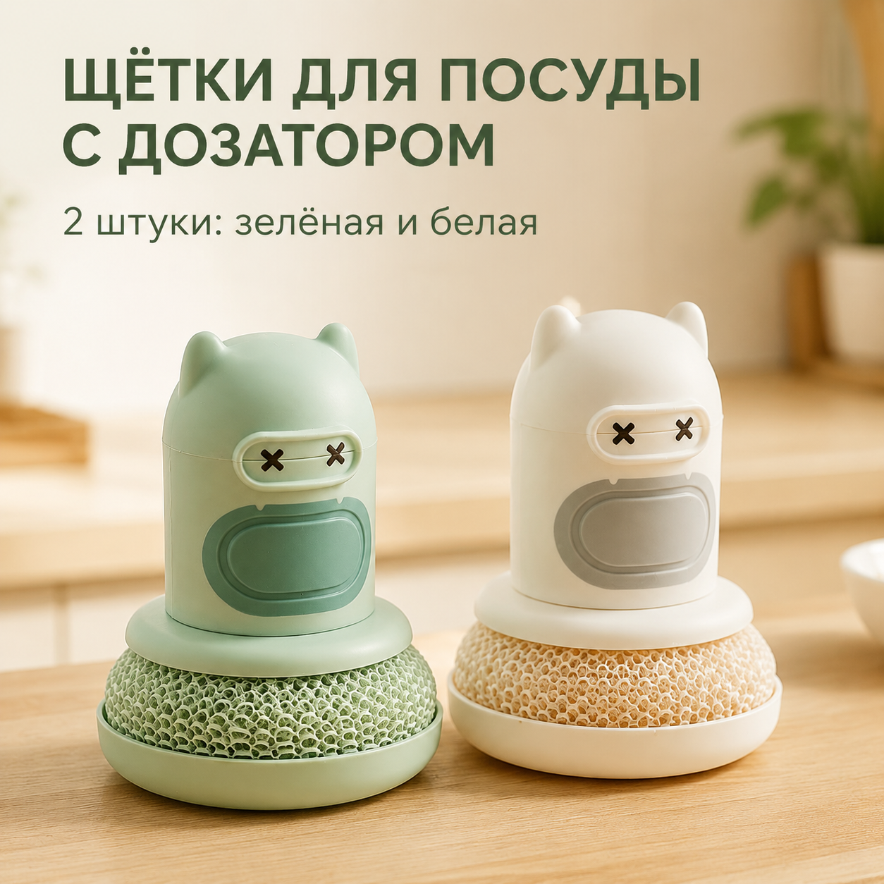 Набор щёток для посуды с дозатором, 2 шт, зелёная и белая, с сетчатыми губками