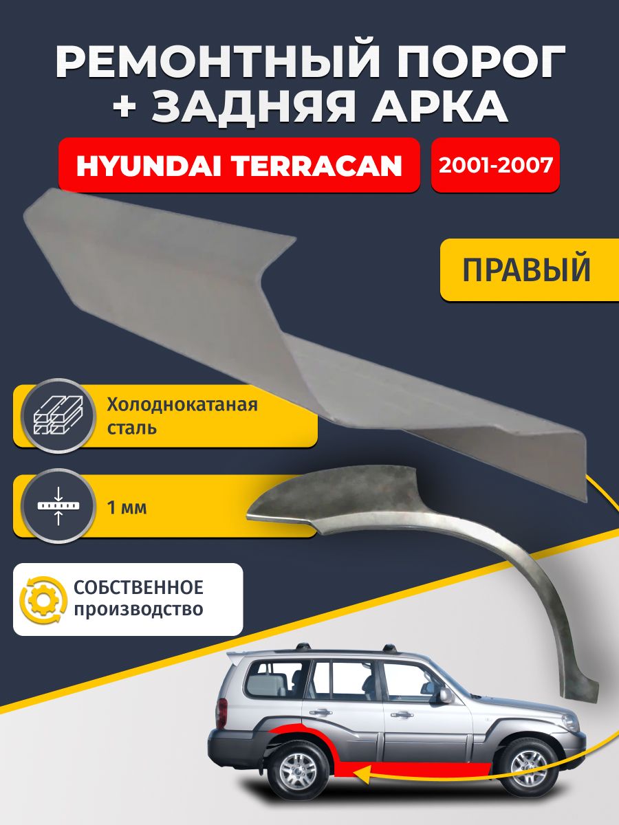 Правая ремонтная задняя арка (0,8 мм) и правый ремонтный стандартный порог (1 мм) на Hyundai Terracan 2001 - 2007 (Хендай Терракан). Материал холоднокатаная сталь.