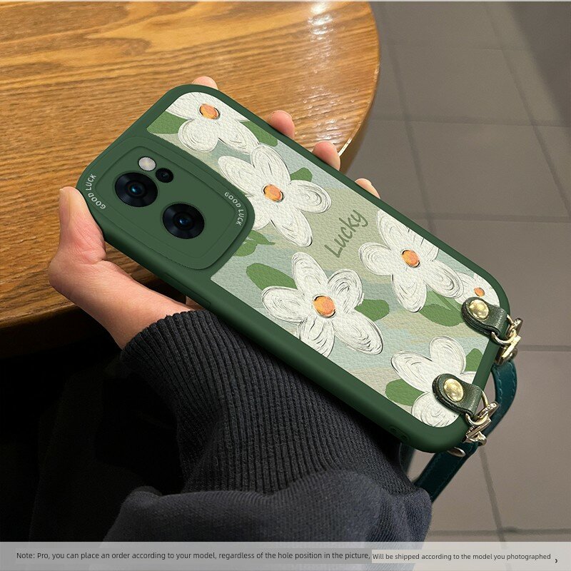 Кожевый чехол с зелеными цветами для Dingqiao N8 PRO D1+ с кроссбоди-ремнем