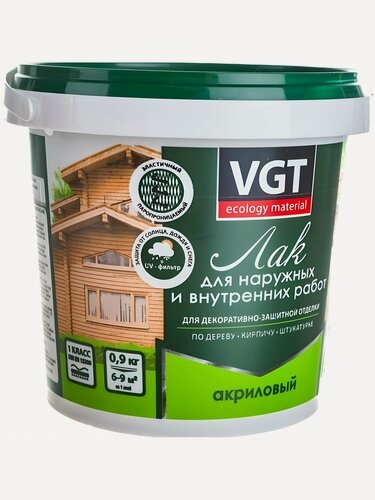 Изображение товара Лак акриловый VGT матовый бесцветный 0.9 кг для внутренних и наружных работ. Универсальное защитное покрытие для ремонта
