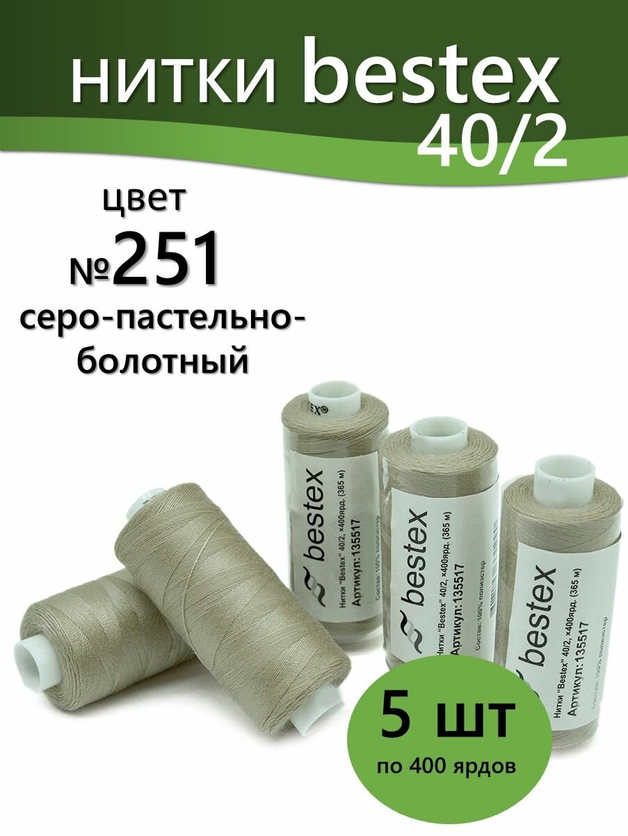 Нитки Bestex для шитья универсальные для оверлока и швейных машин, 40/2 цвет 251 - 5 штук, серо-пастельно-болотный