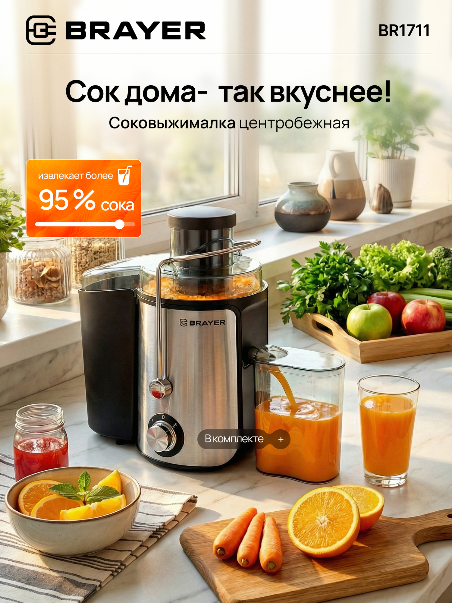 Соковыжималка BRAYER BR1711, центробежная, нержавеющая сталь, 800Вт, 2 скорости