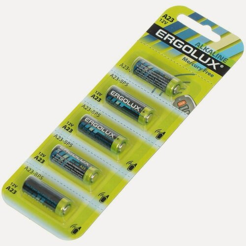 Изображение товара Батарейка Ergolux А23 (MN21, 23A) Alkaline щелочная 12В, блистер 5 штук, артикул 12296. Качественный элемент питания для приборов.