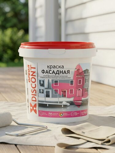 Изображение товара Краска фасадная Ореол Дисконт водно-дисперсионная полиакриловая матовая белая 13 кг для наружных работ по бетону и кирпичу
