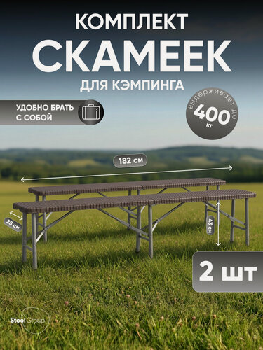 Изображение товара Скамейки складные пластиковые Кейт 182*28*43см NEW, коричневые (комплект 2 шт)