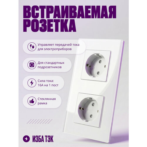 фото Розетка двойная встраиваемая на 16 а, 2 поста, белая со стеклянной рамкой, заземлением и шторками izba tech
