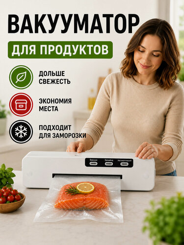 Изображение товара Вакууматор для продуктов 120 Вт, пакеты в подарок 40шт, вакуумный упаковщик