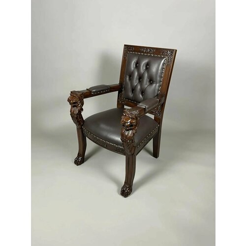 Кресло резное со львами и кожаной обивкой DOMKORLEONE, красное дерево (mahogany wood), цвет орех ASD (коричневый) ДОМ КОРЛЕОНЕ