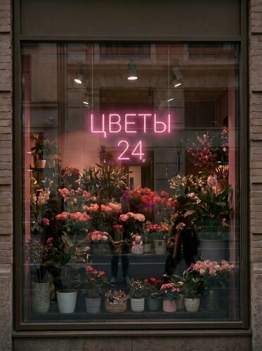 Изображение товара Неоновая вывеска "цветы 24" 65х40см, неоновая надпись, LED светильник для цветочного магазина