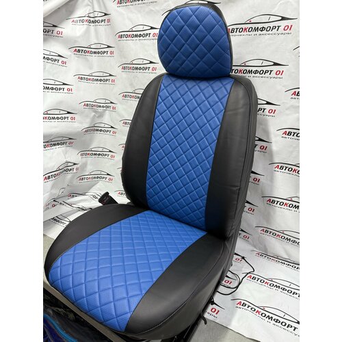 фото Комплект чехлов лайт для hyundai solaris i sd / kia rio iii sd (40/60) с 10-17г. экокожа, ромб черный + синий автокомфорт 01