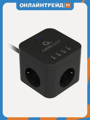 Изображение товара Сетевой фильтр Cablexpert Cube, 3 розетки, 4хUSB, 1.5м, черный, коробка