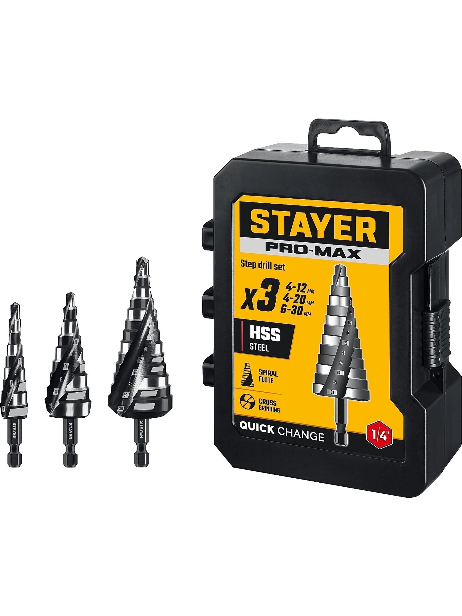 Набор сверл ступенчатых STAYER Pro-Max 3 шт, 4-30мм, винтовая спираль