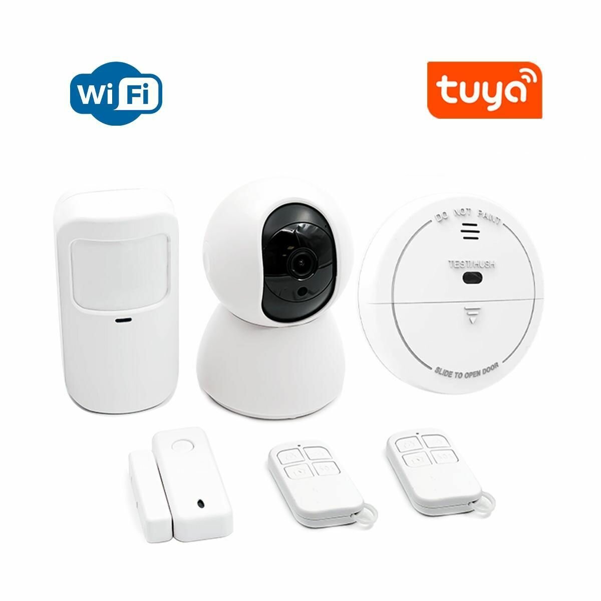 Пожарная Wi-Fi видеосигнализация TUYA Страж Video-Alarm 5-W (K6306RU) с поворотной камерой и датчиками: движения, открытия и дыма. Оповещение о тревоге на мобильный телефон.