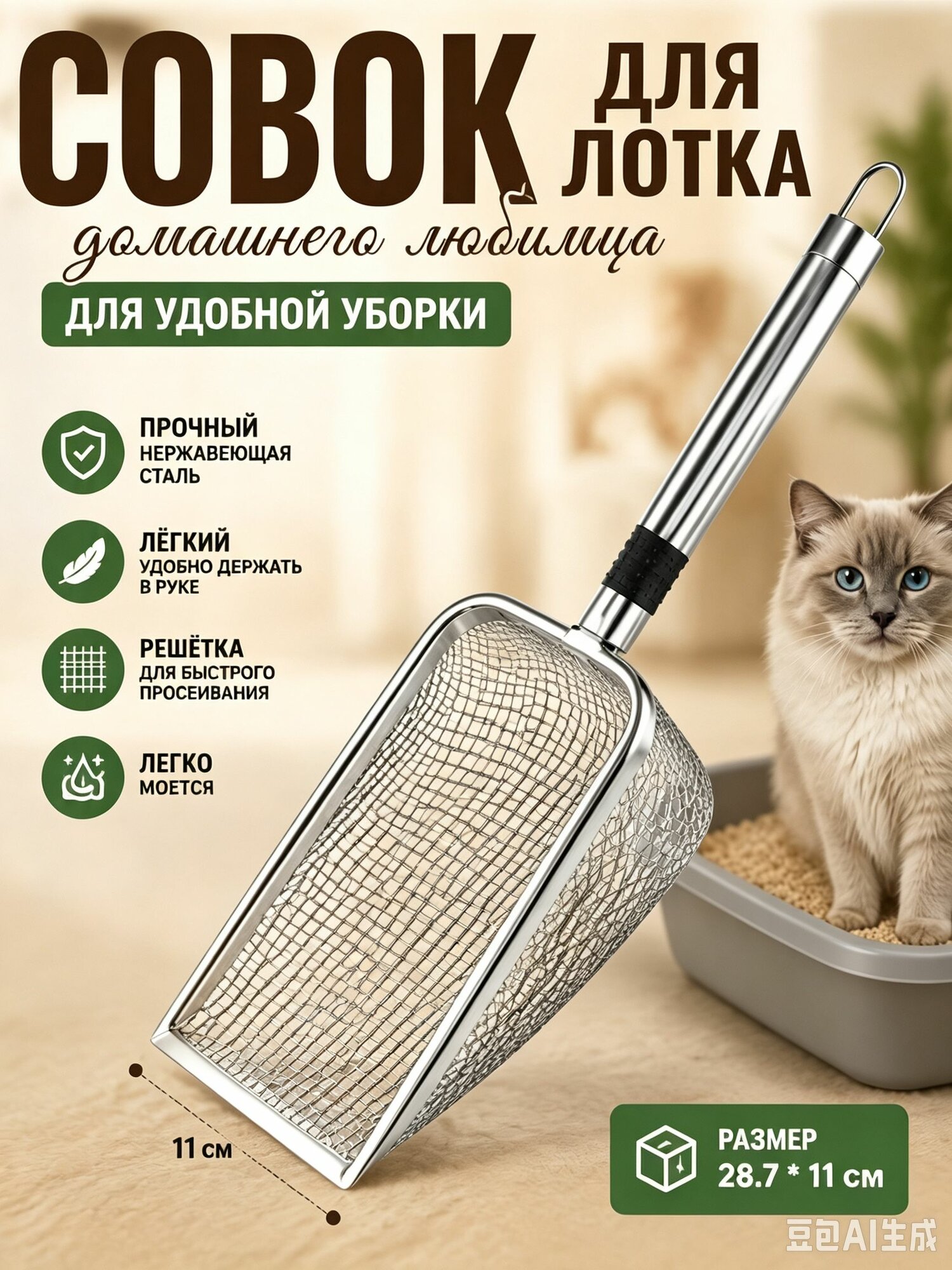 Совок для кошачьего туалета, Металлический совок из нержавеющей стали 28.7x11cm аксессуар для лотка инвентарь для кошек металлическая лопатка