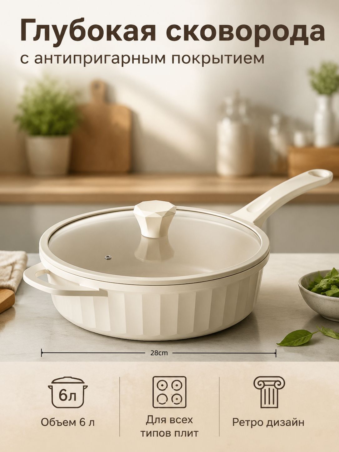 Сковорода глубокая 28 см с силиконовой крышкой, белая, мраморное покрытие, для всех плит