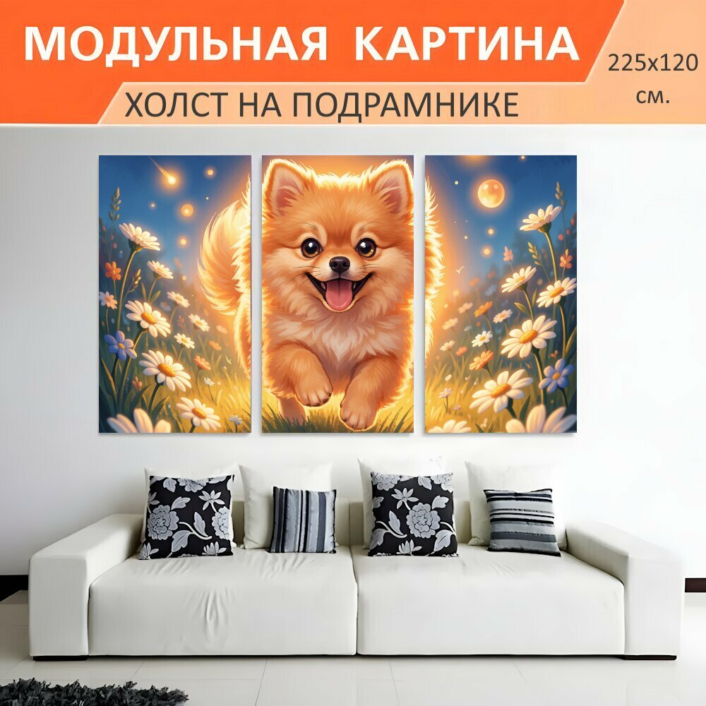 Модульная картина на холсте "Пушистый щенок в цветочном поле. Милый рыжий шпиц с сияющей шерстью среди ромашек и луговых цветов, на." триптих на подрамнике 225х120 см. для интерьера