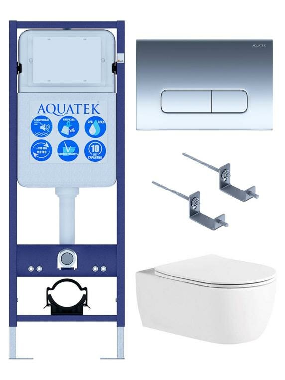 Инсталляция с унитазом комплект Aquatek Европа белый, с сиденьем микролифт и кнопкой смыва хром