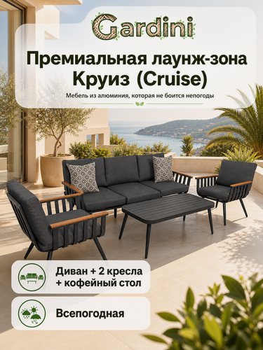 Изображение товара Комплект садовой уличной мебели из алюминия Круиз (Cruise) диван, 2 кресла, стол, подушки, темно-серый