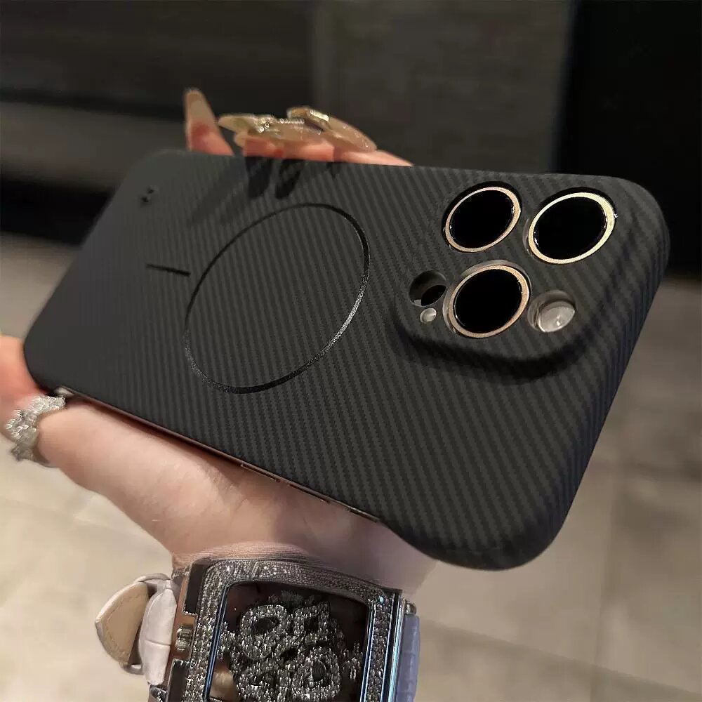 Чехол для iPhone 12 Pro Max с точными вырезами, магнитным кольцом, безрамочным углеродным волокном, матовый черный