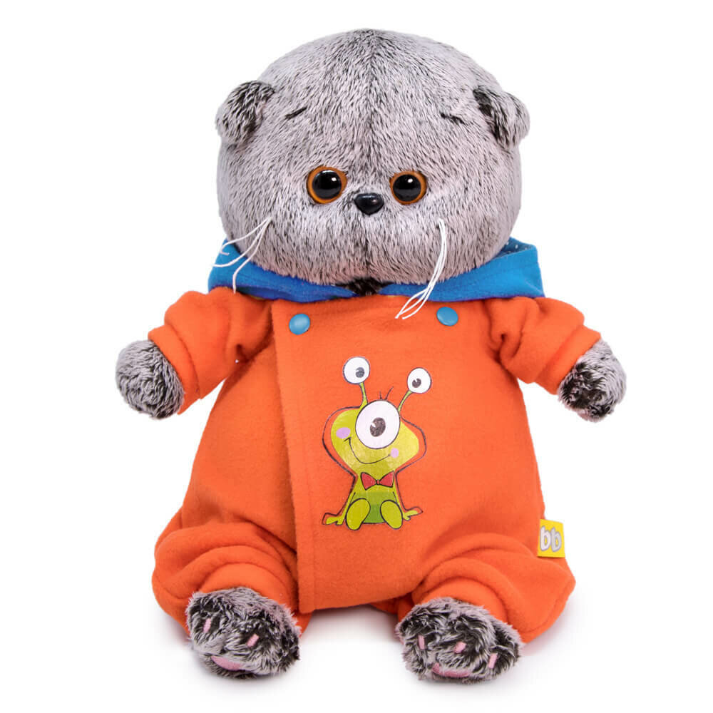 Мягкая игрушка Basik&Сo Кот Басик, Baby, в комбинезоне с монстриком, 20 см, в подарочной коробке (BB-075)