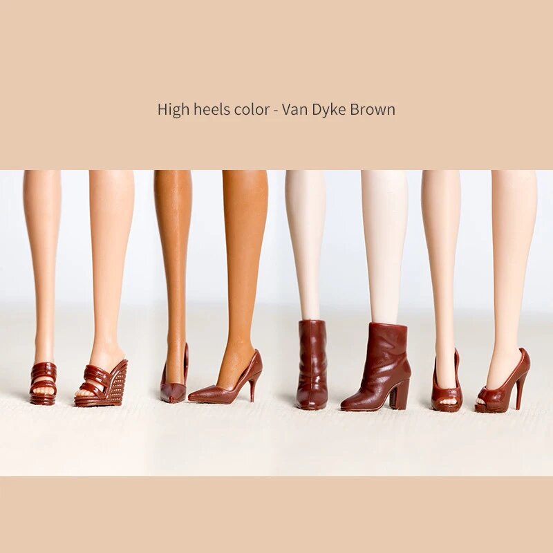 4 пары разноцветных туфель на высоком каблуке для кукол Babi 1/6 Коричневый, 4 Pairs Brown