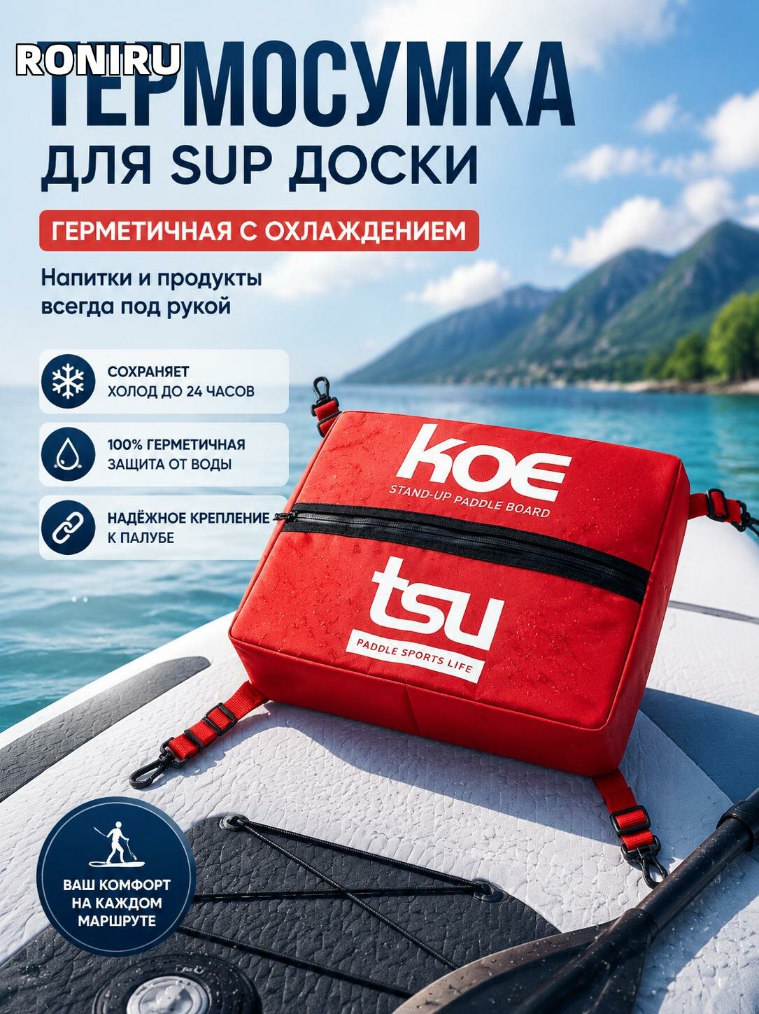 Термосумка для SUP доски герметичная с охлаждением для напитков и продуктов на молнии и с креплением к палубе.