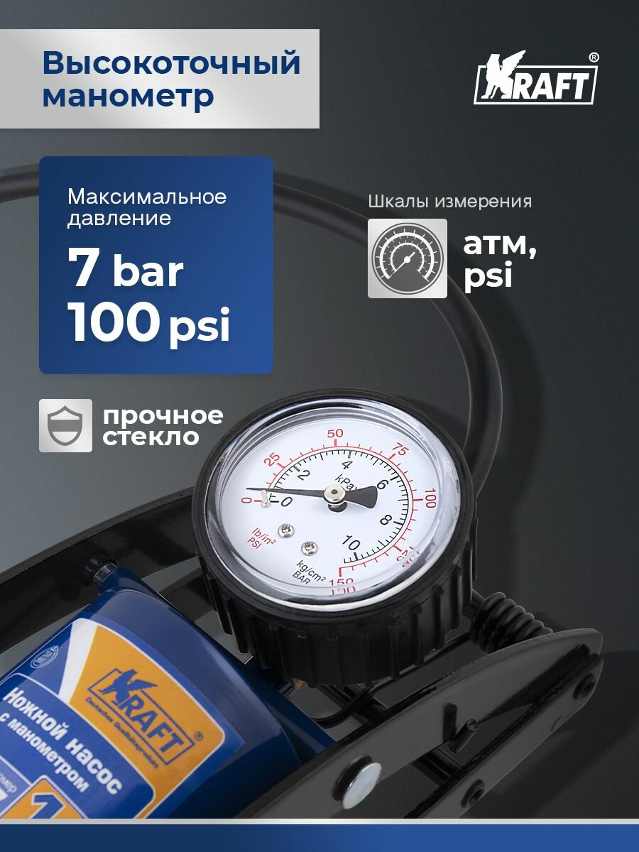 Насос ножной с манометром в сумке серия Master KRAFT KT 810007 для подкачки автомобильных шин, мячей и надувных изделий,