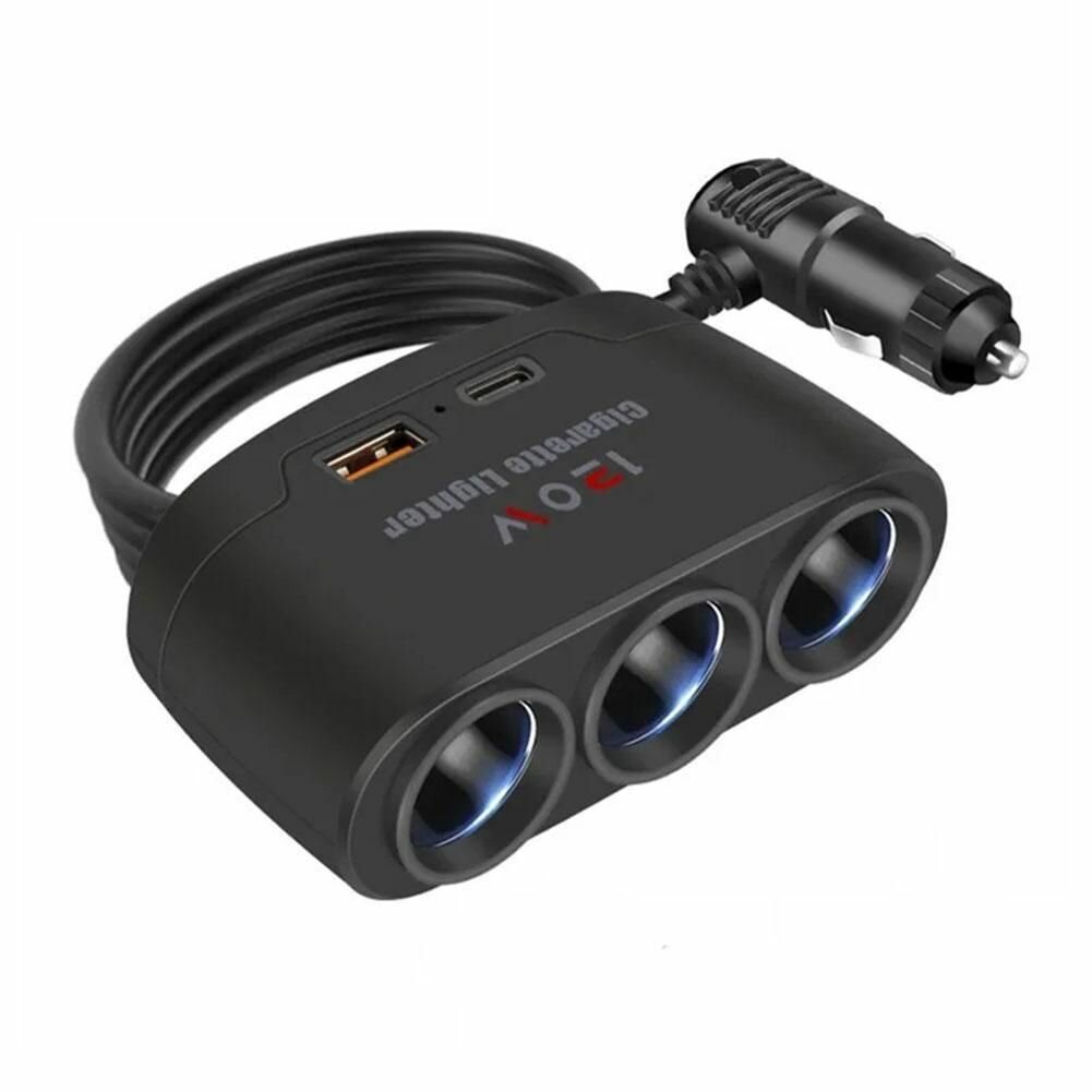 Удлинитель гнезда прикуривателя, 3 гнезда, 2 USB-порта, 120 Вт, черный