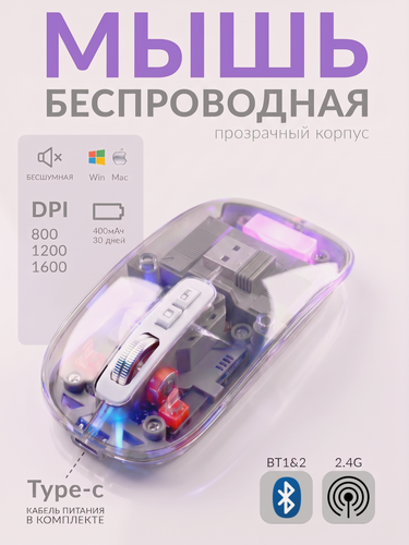 Изображение товара Мышь компьютерная, беспроводная, оптическая, RGB подсветка, прозрачная, эргономичный дизайн, DPI 800-1600