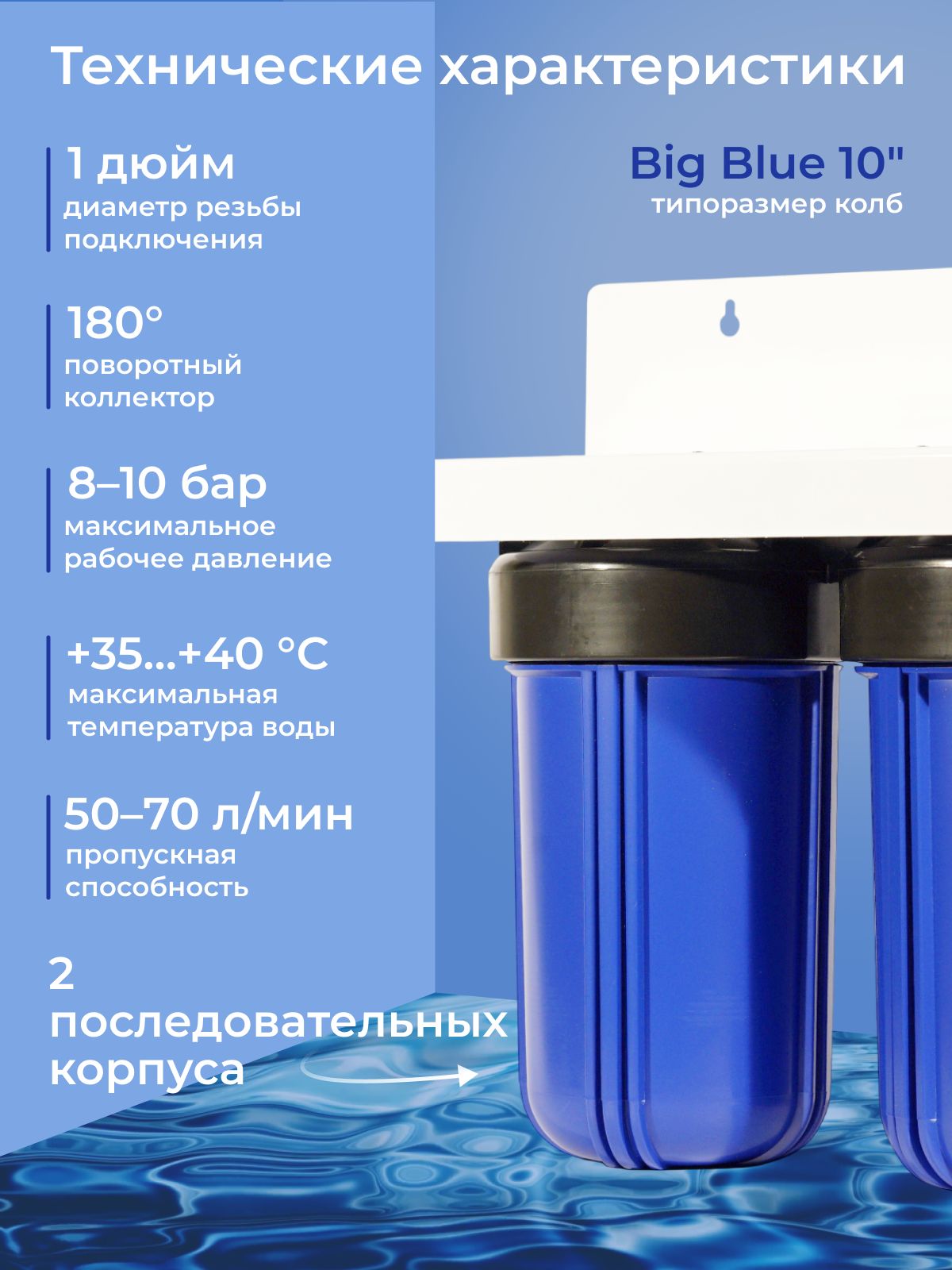 Корпус фильтра двойной 10BB-DUO 1" (Big Blue 10") синий + ключ и крепление — фото 1