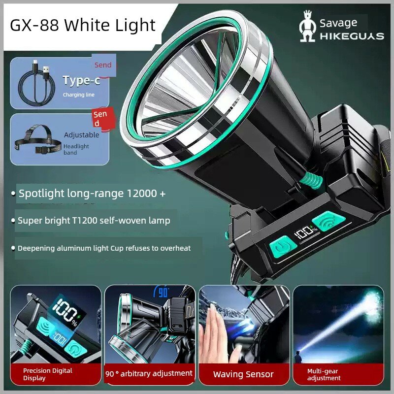 GX88 Перезаряжаемый фонарь для головы 1200 Вт белый свет, 800 часов работы, датчик движения, TYPE-C быстрая зарядка для