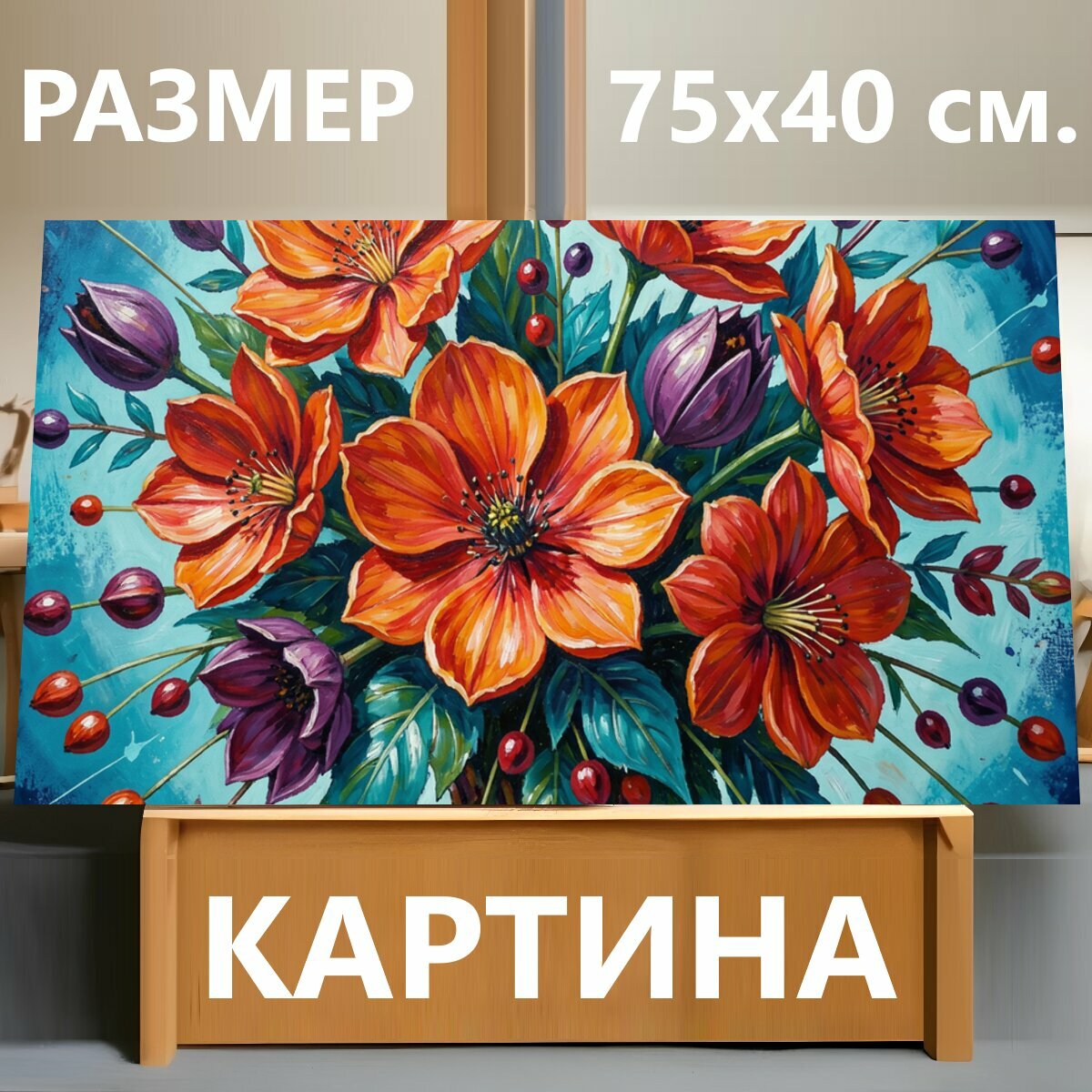 Картина на холсте "Яркий букет оранжевых цветов. Живописная цветочная композиция в экспрессивной манере: крупные алые и фиолетовые бутоны." на подрамнике 75х40 см. для интерьера