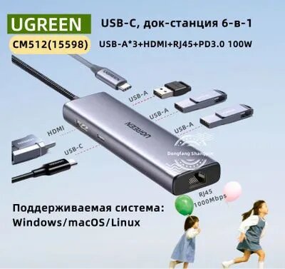 Ugreen CM512(15598)Расширенный док USB - сепаратор гигабитная сетевая карта + PD100w+HDMI+USB